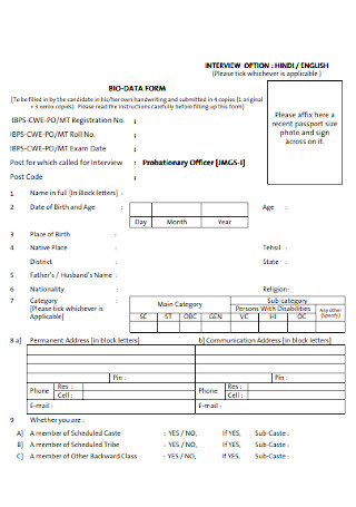 Bank Biodata Form