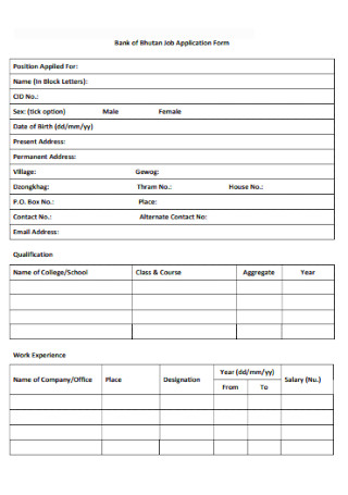 Bank of Job Application Form 