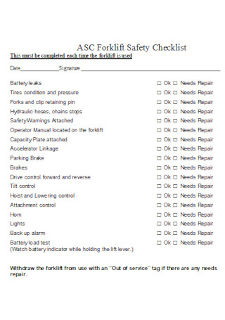 Basic Forklift Safety Checklist Example