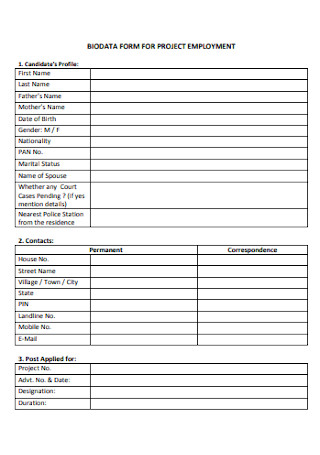 Bio Data Form for Project Employment
