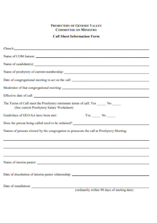 Call Sheet Information Form