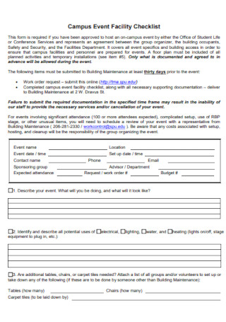 Campus Event Facility Checklist
