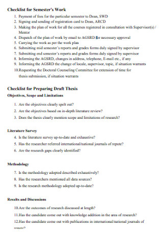Checklist for Semister Work