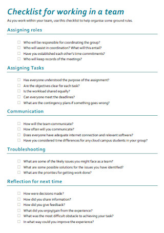 Checklist for Working in a Team