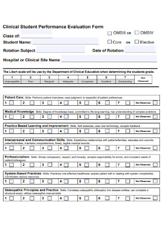 Clinical Student Performance Evaluation Form
