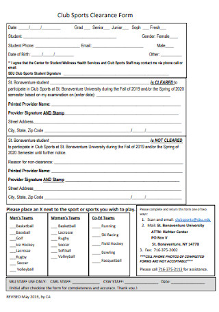 Club Sports Clearance Form
