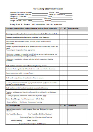 Co Teaching Observation Checklist
