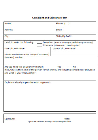 Complaint and Grievance Form