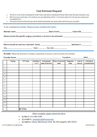 Cost Estimate Request Form