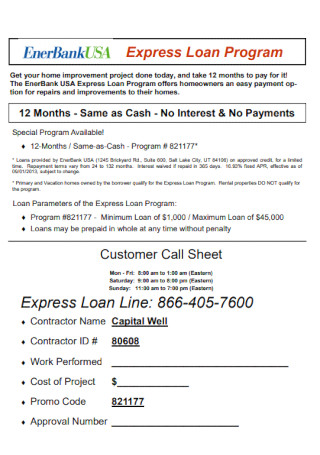 Customer Loan Call Sheet