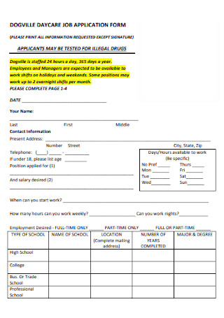 Daycare Job Application Forms