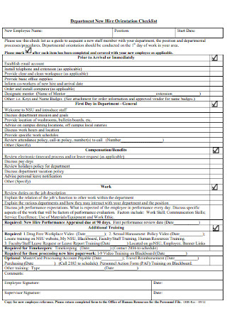Department New Hire Orientation Checklist
