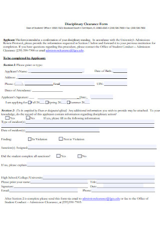 Disciplinary Clearance Form Template