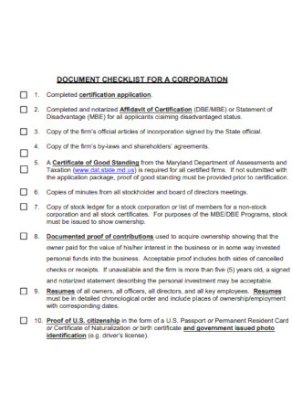 Document Checklist for a Corporation
