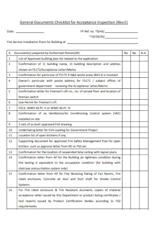 Documents Checklist for Acceptance Inspection
