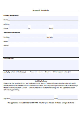 Domestic Job Order Form