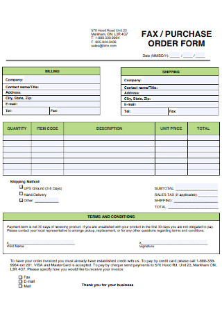 Fax Purchase Order Form