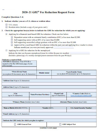 Fee Reduction Request Form