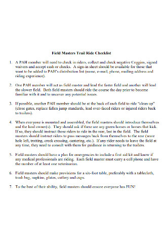 Field Masters Trail Ride Checklist