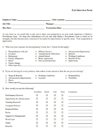 GYM Exit Interview Form 
