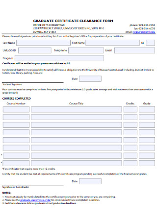 Graduate Certificate Clearance Form