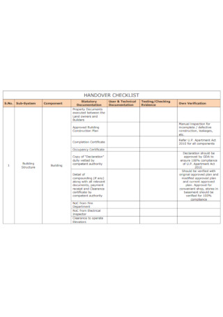 Handover Checklist Format
