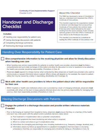 Handover and Discharge Checklist