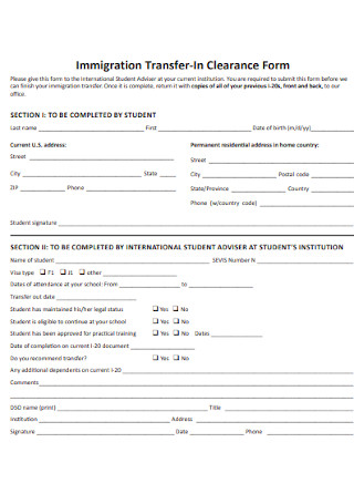 Immigration Transfer In Clearance Form