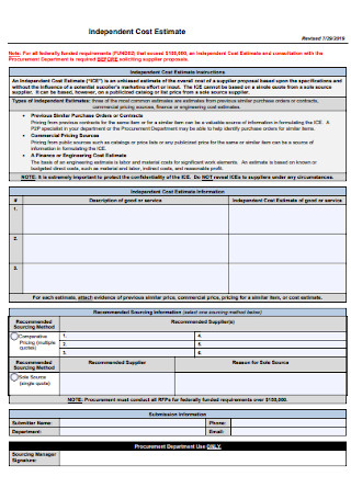 Independed Cost Estimate Form
