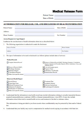 Instiitute Medical Release Form 