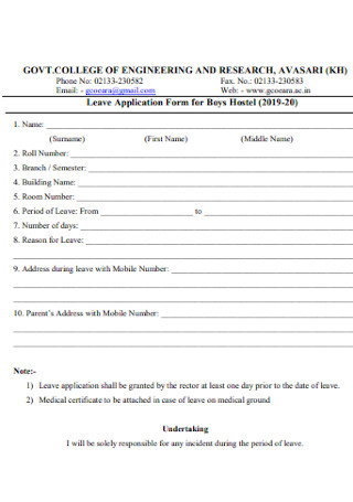 Leave Application Form for Boys Hostel