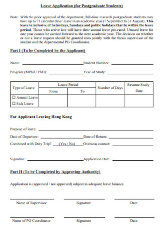Leave Application Form for PG Students