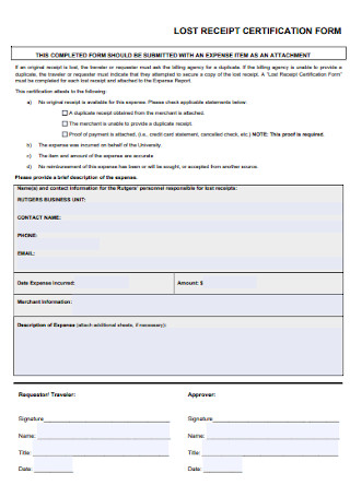 Lost Receipyt Certification Form