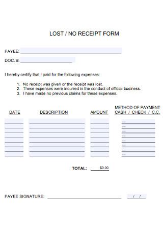 Lost and Receipt Form