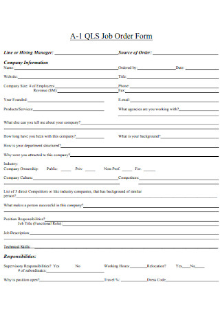 Manager Job Order Form
