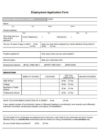 Medical Employment Application Form