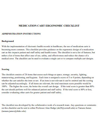 Medicaton Cart Ergonomic Checklist