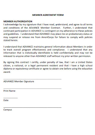 Memeber Agreement Form