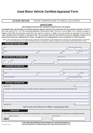 Motor Vehicle Certified Appraisal Form