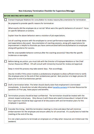 Non Voluntary Termination Checklist for Supervisor