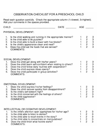 Observation Checklist for Preschool Child