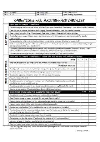 Operations and Maintenance Checklist