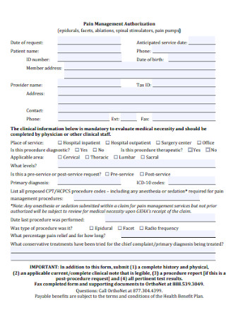 Pain Management Authorization Form