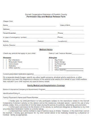 Permission Slip and Medical Release Form 