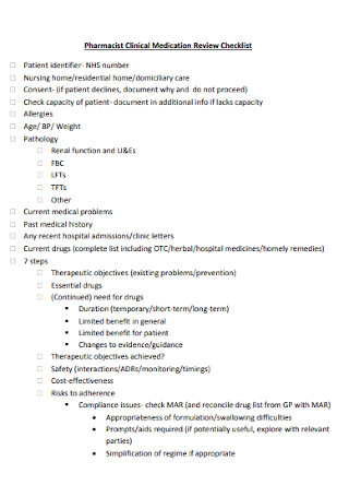 Pharmacist Clinical Medication Review Checklist