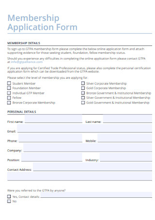 Printable Membership Application Form