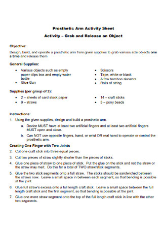 Prosthetic Arm Activity Sheet