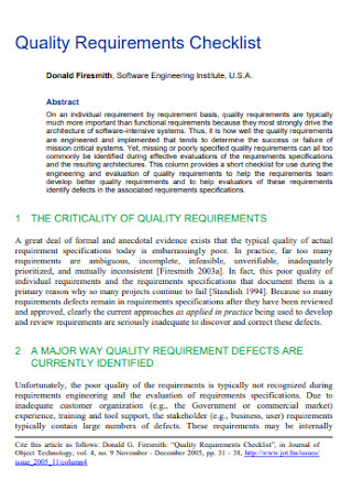 Quality Requirements Checklist Example