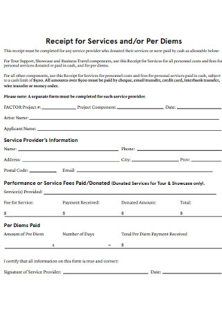 Receipt for Services Form