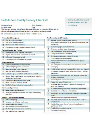 Retail Store Safety Survey Checklist